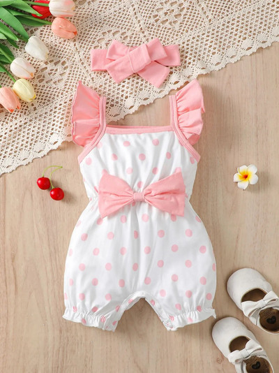 Salopete pentru fetițe pentru 0-2 ani, vară, fără mâneci, fundă cu buline, salopetă la modă pentru bebeluși.