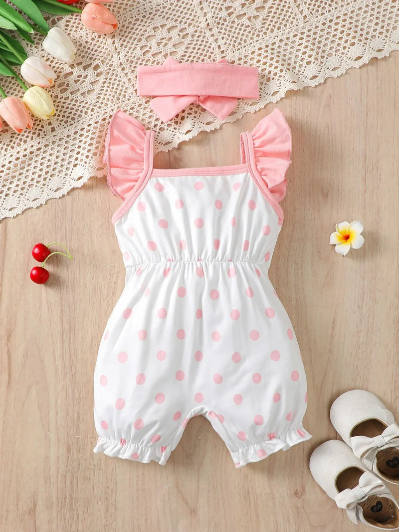 Salopete pentru fetițe pentru 0-2 ani, vară, fără mâneci, fundă cu buline, salopetă la modă pentru bebeluși.