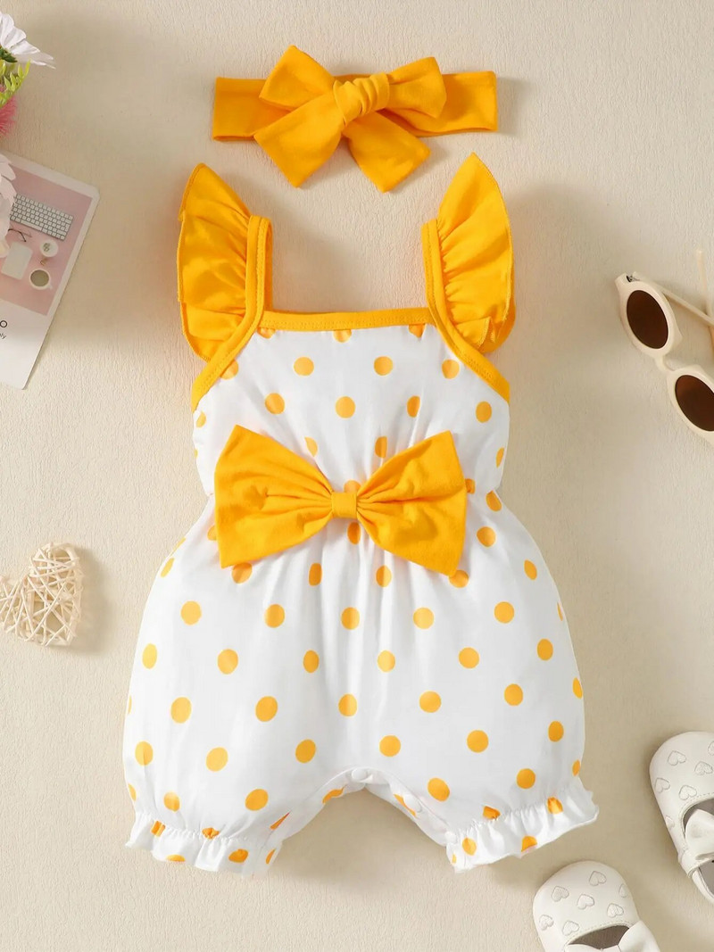 Salopete pentru fetițe pentru 0-2 ani, vară, fără mâneci, fundă cu buline, salopetă la modă pentru bebeluși.