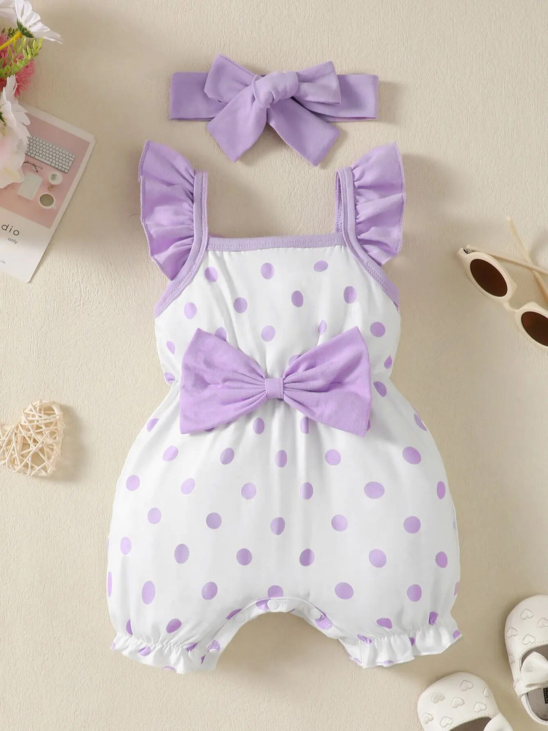 Salopete pentru fetițe pentru 0-2 ani, vară, fără mâneci, fundă cu buline, salopetă la modă pentru bebeluși.