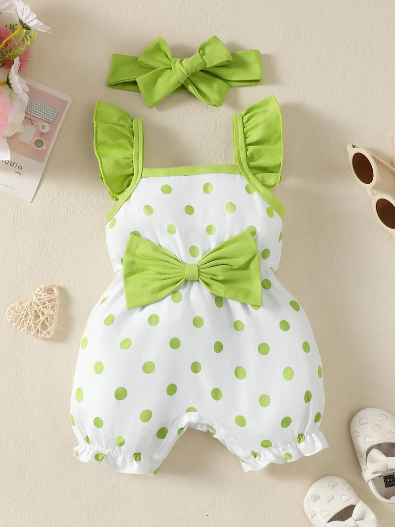 Salopete pentru fetițe pentru 0-2 ani, vară, fără mâneci, fundă cu buline, salopetă la modă pentru bebeluși.