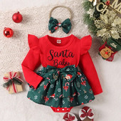 ma&baby 0-18M Crăciun Nou-Născut Bebeluși Fete Salopete cu mânecă lungă Scrisoare Pălărie de Moș Crăciun Salopetă cu imprimeu Bentita ținute de Crăciun D05