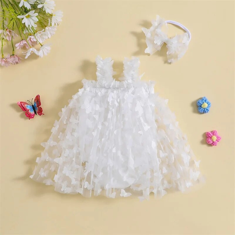 FOCUSNORM 6 värvi väikelaste beebitüdrukute armas kleit, 0-24M varrukateta 3D liblikas pitsist tüllist kombinesoonid + peapaela komplekt