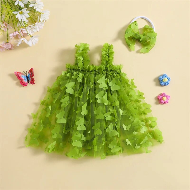 FOCUSNORM 6 värvi väikelaste beebitüdrukute armas kleit, 0-24M varrukateta 3D liblikas pitsist tüllist kombinesoonid + peapaela komplekt