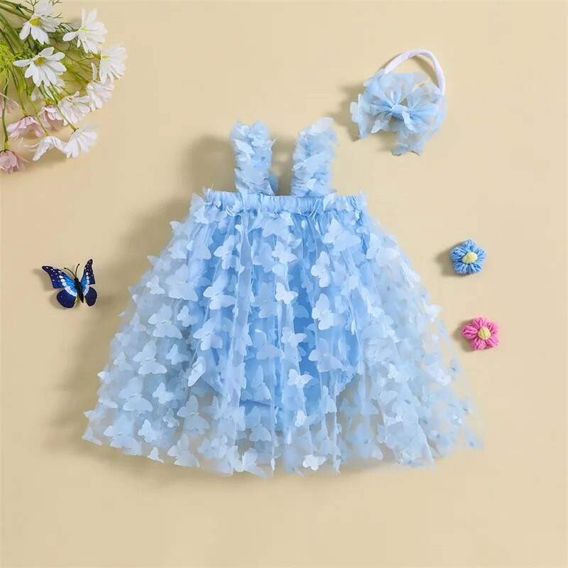 FOCUSNORM 6 värvi väikelaste beebitüdrukute armas kleit, 0-24M varrukateta 3D liblikas pitsist tüllist kombinesoonid + peapaela komplekt