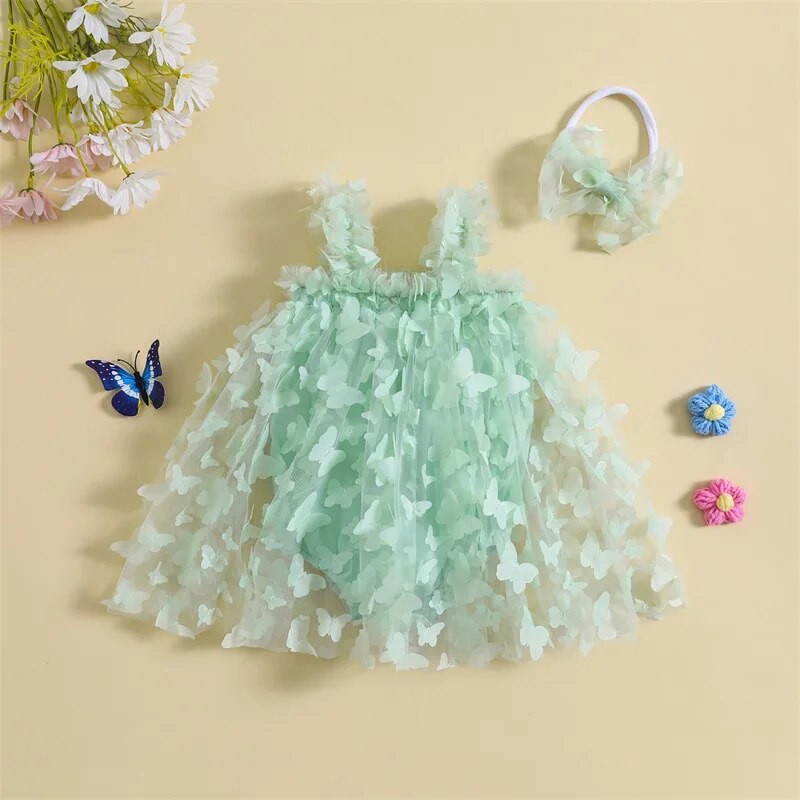FOCUSNORM 6 värvi väikelaste beebitüdrukute armas kleit, 0-24M varrukateta 3D liblikas pitsist tüllist kombinesoonid + peapaela komplekt
