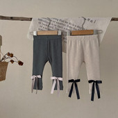 Jambiere din bumbac pentru bebeluși, pantaloni elastici solidi pentru bebeluși, pentru fetiță, cu fundă, pantaloni pentru copii, haine de toamnă pentru bebeluși 0-24 m