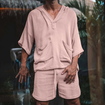 Нов летен и есенен къси панталони със среден ръкав Ежедневен комплект Мъжка марка с V-образно деколте Висококачествена спортна риза на открито Уличен стил Ретро