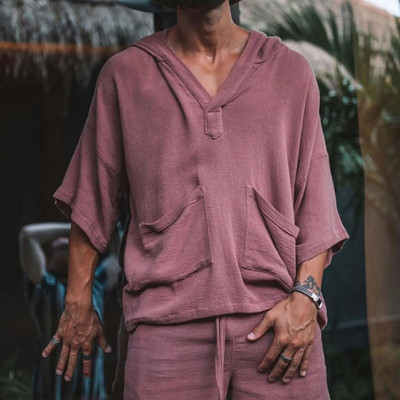 Νέο καλοκαιρινό και φθινοπωρινό μεσομάνικο σορτς casual ανδρικό σετ με λαιμόκοψη μάρκας υψηλής ποιότητας υπαίθριο αθλητικό πουκάμισο Street Style