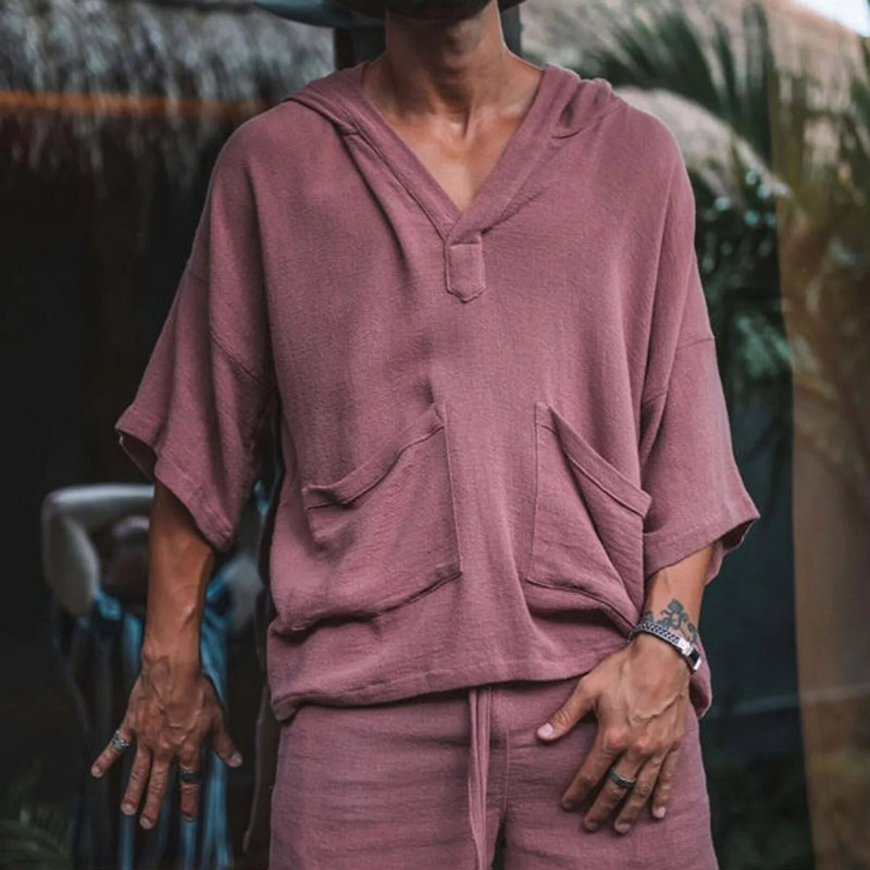 Νέο καλοκαιρινό και φθινοπωρινό μεσομάνικο σορτς casual ανδρικό σετ με λαιμόκοψη μάρκας υψηλής ποιότητας υπαίθριο αθλητικό πουκάμισο Street Style