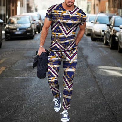 Ανδρικό καλοκαιρινό αθλητικό σετ τρισδιάστατης εκτύπωσης 2023 Σετ χρυσής γραμμής πολυτελείας κοντομάνικο μπλουζάκι + αθλητικό παντελόνι για τζόκινγκ