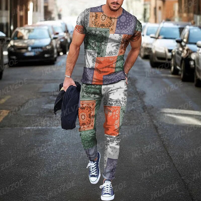 Ανδρικό καλοκαιρινό αθλητικό σετ τρισδιάστατης εκτύπωσης 2023 Σετ χρυσής γραμμής πολυτελείας κοντομάνικο μπλουζάκι + αθλητικό παντελόνι για τζόκινγκ