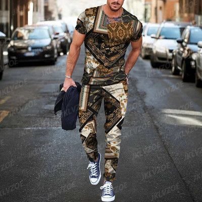 Ανδρικό καλοκαιρινό αθλητικό σετ τρισδιάστατης εκτύπωσης 2023 Σετ χρυσής γραμμής πολυτελείας κοντομάνικο μπλουζάκι + αθλητικό παντελόνι για τζόκινγκ