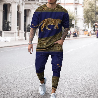 Ανδρικό καλοκαιρινό αθλητικό σετ τρισδιάστατης εκτύπωσης 2023 Σετ χρυσής γραμμής πολυτελείας κοντομάνικο μπλουζάκι + αθλητικό παντελόνι για τζόκινγκ