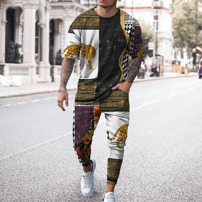 Ανδρικό καλοκαιρινό αθλητικό σετ τρισδιάστατης εκτύπωσης 2023 Σετ χρυσής γραμμής πολυτελείας κοντομάνικο μπλουζάκι + αθλητικό παντελόνι για τζόκινγκ