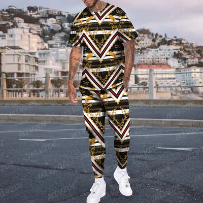 Ανδρικό καλοκαιρινό αθλητικό σετ τρισδιάστατης εκτύπωσης 2023 Σετ χρυσής γραμμής πολυτελείας κοντομάνικο μπλουζάκι + αθλητικό παντελόνι για τζόκινγκ