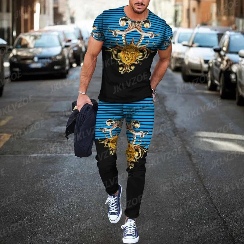 Ανδρικό καλοκαιρινό αθλητικό σετ τρισδιάστατης εκτύπωσης 2023 Σετ χρυσής γραμμής πολυτελείας κοντομάνικο μπλουζάκι + αθλητικό παντελόνι για τζόκινγκ