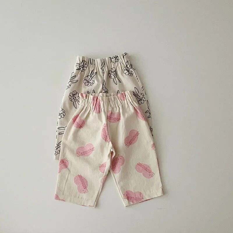 2023. aasta suvi, uued beebipüksid, vabad püksid, armsad jänku-südameprintsiga tüdrukud, kõrge vöökohaga vabaaja püksid, puuvillased imikute haaremipüksid, beebiriided