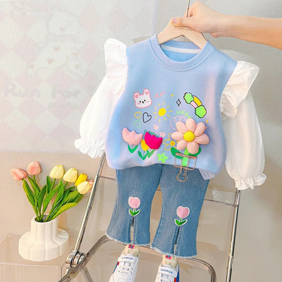 Haine pentru fetiță Model desen animat 0-4A 2023 Primăvară și toamnă Costum cu mâneci lungi Fată Top din dantelă + Pantaloni casual Fată Costum 2buc
