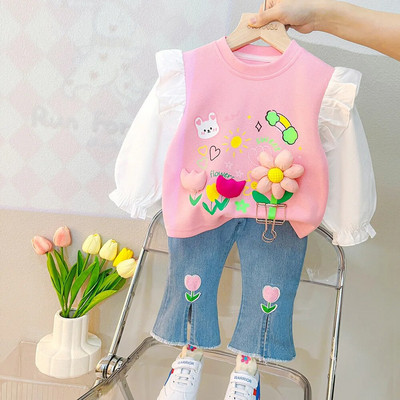 Haine pentru fetiță Model desen animat 0-4A 2023 Primăvară și toamnă Costum cu mâneci lungi Fată Top din dantelă + Pantaloni casual Fată Costum 2buc
