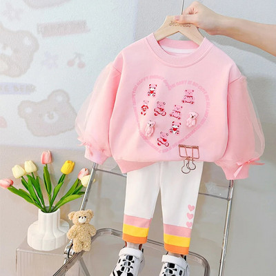 Haine pentru fetiță Model desen animat 0-4A 2023 Primăvară și toamnă Costum cu mâneci lungi Fată Top din dantelă + Pantaloni casual Fată Costum 2buc