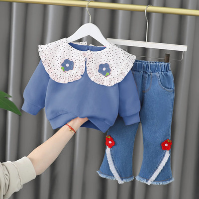 Haine pentru fetiță Model desen animat 0-4A 2023 Primăvară și toamnă Costum cu mâneci lungi Fată Top din dantelă + Pantaloni casual Fată Costum 2buc