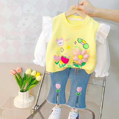 Haine pentru fetiță Model desen animat 0-4A 2023 Primăvară și toamnă Costum cu mâneci lungi Fată Top din dantelă + Pantaloni casual Fată Costum 2buc