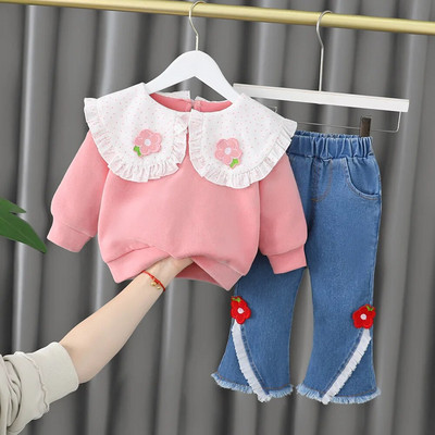 Haine pentru fetiță Model desen animat 0-4A 2023 Primăvară și toamnă Costum cu mâneci lungi Fată Top din dantelă + Pantaloni casual Fată Costum 2buc