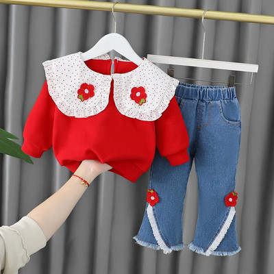 Haine pentru fetiță Model desen animat 0-4A 2023 Primăvară și toamnă Costum cu mâneci lungi Fată Top din dantelă + Pantaloni casual Fată Costum 2buc