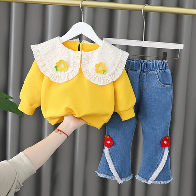 Haine pentru fetiță Model desen animat 0-4A 2023 Primăvară și toamnă Costum cu mâneci lungi Fată Top din dantelă + Pantaloni casual Fată Costum 2buc