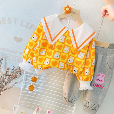 Haine pentru fetiță Model desen animat 0-4A 2023 Primăvară și toamnă Costum cu mâneci lungi Fată Top din dantelă + Pantaloni casual Fată Costum 2buc