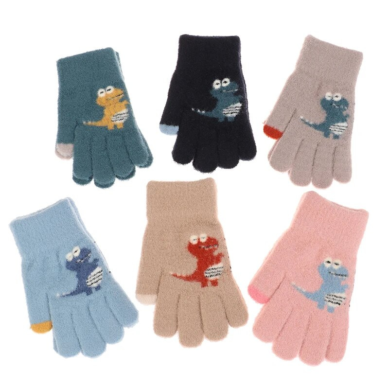 Mănuși tricotate îngroșate pentru copii de iarnă 3-9 ani Mănuși pentru copii cu degetul plin de dinozaur mic de desene animate drăguțe pentru ciclism în aer liber Joacă băieți