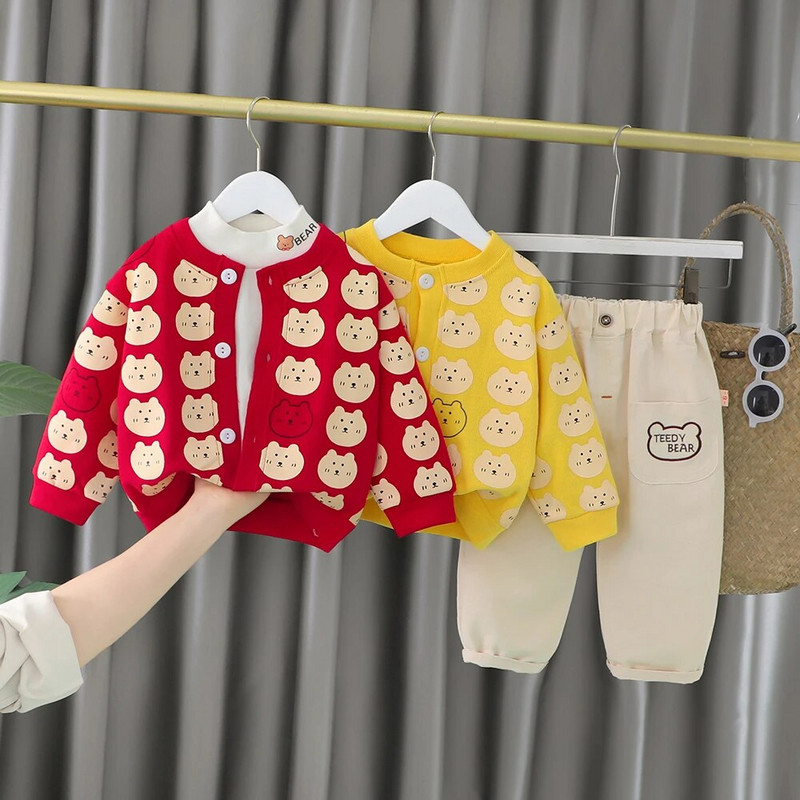 BoysClothes Σετ 3 τμχ Πουκάμισο καρδιένιο και παντελόνι 2022 Fashion Βαμβακερό Υλικό μακρυμάνικο 1 έως 4 ετών Παιδικά παιδικά κοστούμια