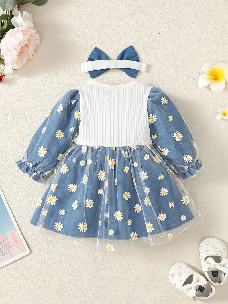 Rochii pentru fetiță Rochii cu fundă cu mânecă lungă de toamnă pentru fete prințesă coreeană cu plasă rochie imprimeu margarete ținute rochie pentru bebeluși