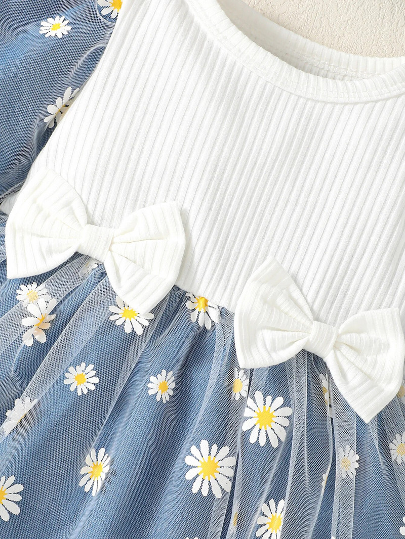 Rochii pentru fetiță Rochii cu fundă cu mânecă lungă de toamnă pentru fete prințesă coreeană cu plasă rochie imprimeu margarete ținute rochie pentru bebeluși