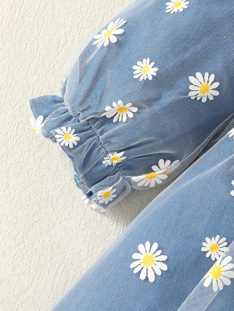 Rochii pentru fetiță Rochii cu fundă cu mânecă lungă de toamnă pentru fete prințesă coreeană cu plasă rochie imprimeu margarete ținute rochie pentru bebeluși