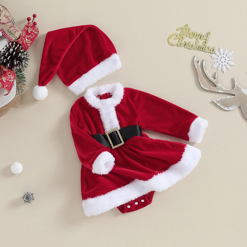 Ma&Baby 0-24M Χριστουγεννιάτικο Νεογέννητο Νήπιο Κοριτσάκι Κόκκινο βελούδινο φόρεμα Santa + Καπέλο Χριστουγεννιάτικες στολές D05