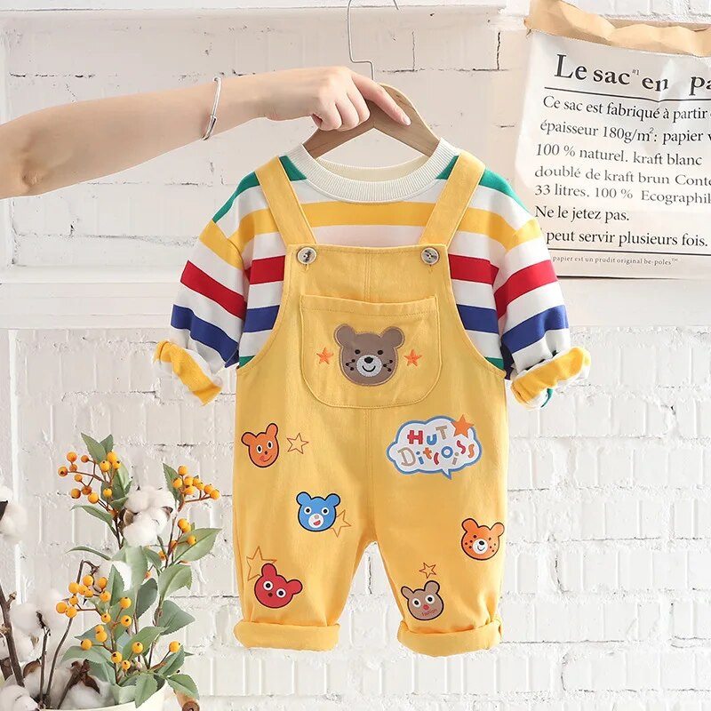 Drabužiai kūdikiams berniukams 2023 m. rudenį Nauji ilgomis rankovėmis dryžuoti kūdikių kelnaitės su petnešomis vakarietiški kūdikių vaikiški rūbai mažylei mergaitei žiema