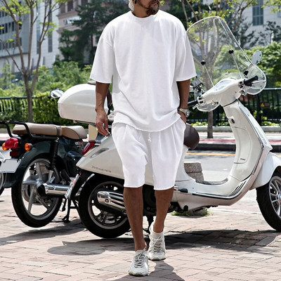 Tinuta barbat vara Seturi scurte din bumbac Tricou cu decolteu O pentru barbati Trening Barbat Oversized Casual Kit Sport Imbracaminte pentru barbati Set 2 piese