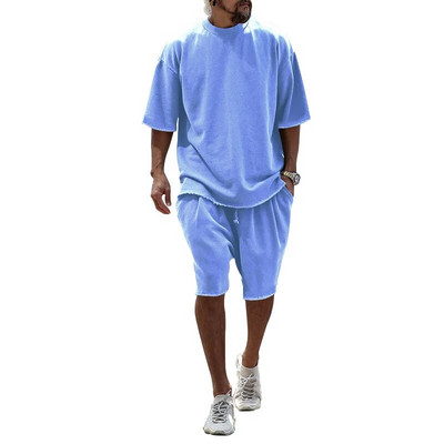 Tinuta barbat vara Seturi scurte din bumbac Tricou cu decolteu O pentru barbati Trening Barbat Oversized Casual Kit Sport Imbracaminte pentru barbati Set 2 piese