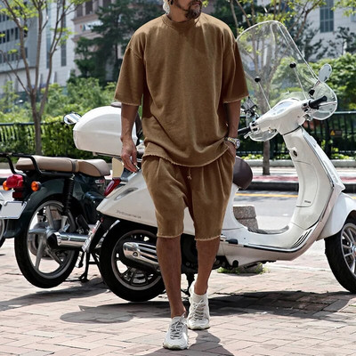 Tinuta barbat vara Seturi scurte din bumbac Tricou cu decolteu O pentru barbati Trening Barbat Oversized Casual Kit Sport Imbracaminte pentru barbati Set 2 piese