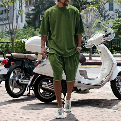Tinuta barbat vara Seturi scurte din bumbac Tricou cu decolteu O pentru barbati Trening Barbat Oversized Casual Kit Sport Imbracaminte pentru barbati Set 2 piese