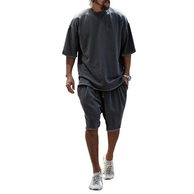 Tinuta barbat vara Seturi scurte din bumbac Tricou cu decolteu O pentru barbati Trening Barbat Oversized Casual Kit Sport Imbracaminte pentru barbati Set 2 piese