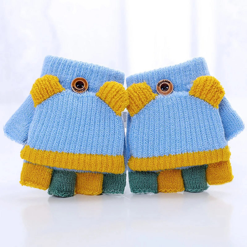 1Ζεύγος Χειμώνας Νέα Παιδιά Εκτύπωση Γάντι Μικρό παιδί Χειμερινό μαλλί πλεκτά γάντια χωρίς δάχτυλα με γάντι κάλυμμα για κορίτσια Αγόρια перчатки