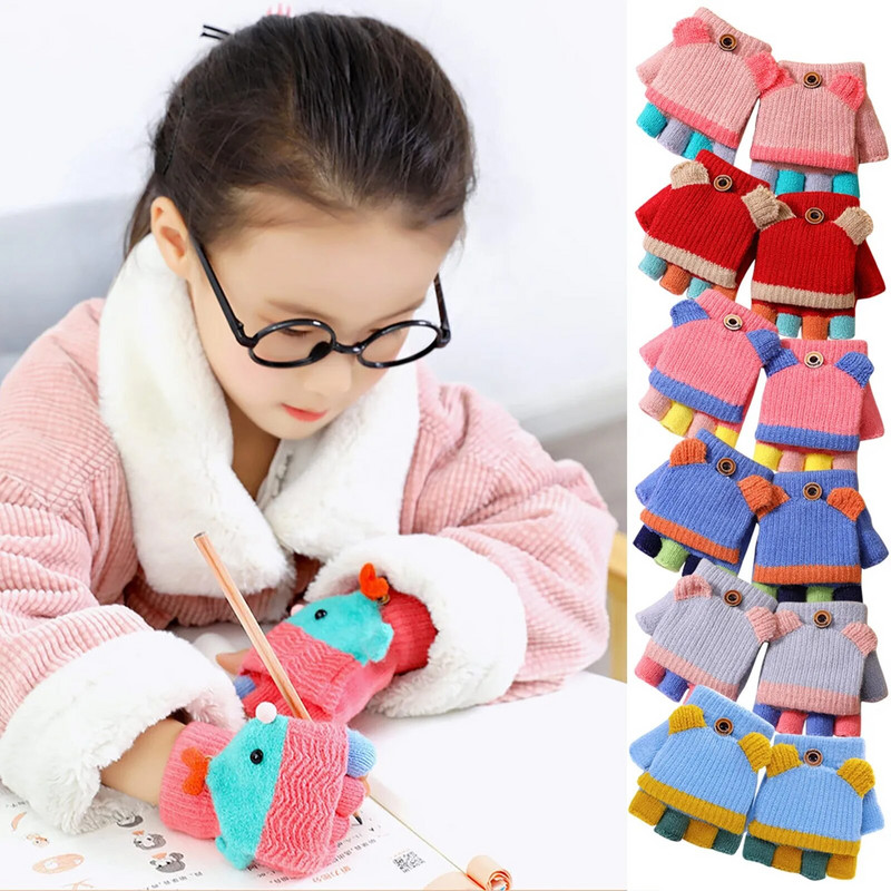 1Ζεύγος Χειμώνας Νέα Παιδιά Εκτύπωση Γάντι Μικρό παιδί Χειμερινό μαλλί πλεκτά γάντια χωρίς δάχτυλα με γάντι κάλυμμα για κορίτσια Αγόρια перчатки