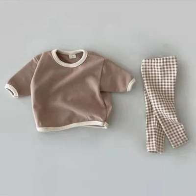 2023 New Baby Boys Solid Cute casual μακρυμάνικο μπλουζάκι βαμβακερό βρέφος νήπιο κορίτσι καρό παντελόνι μόδας 2 τμχ Παιδικές πιτζάμες