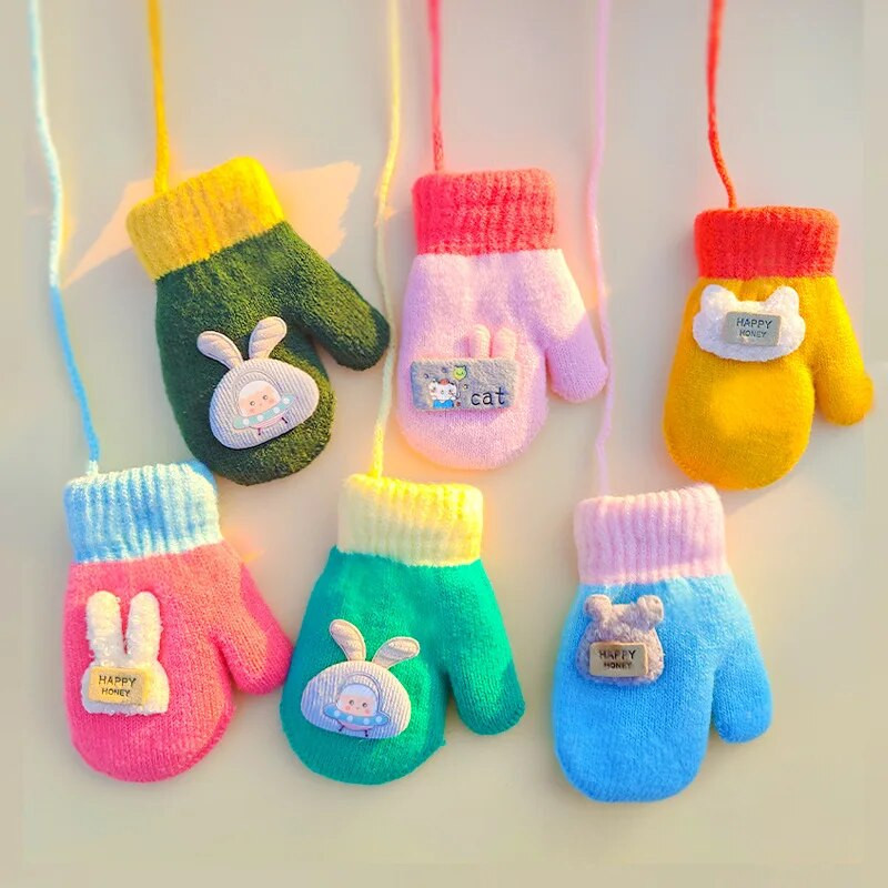 Γελοιογραφία παιδικό λαιμό κρεμαστά γάντια χοντρά πλεκτά παιδικά χειμωνιάτικα γάντι χαριτωμένο κουνέλι αρκουδάκι κούκλα μωρό βελούδινα γάντια κορίτσι αγόρι Αγόρι Χέρι θερμότερο