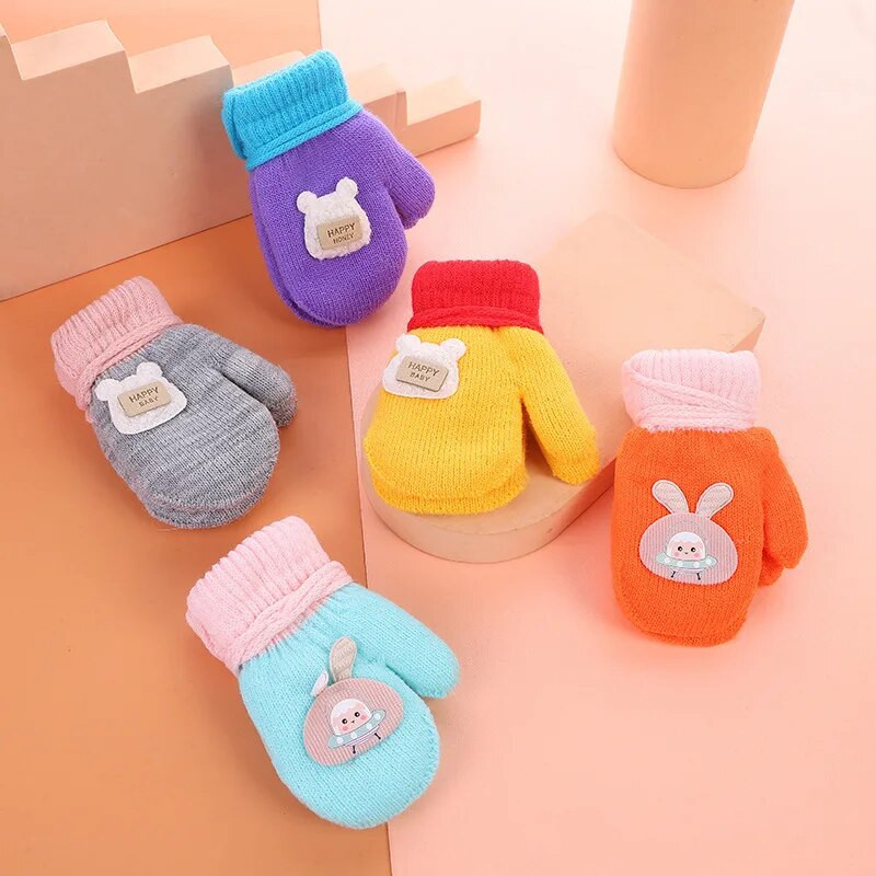 Γελοιογραφία παιδικό λαιμό κρεμαστά γάντια χοντρά πλεκτά παιδικά χειμωνιάτικα γάντι χαριτωμένο κουνέλι αρκουδάκι κούκλα μωρό βελούδινα γάντια κορίτσι αγόρι Αγόρι Χέρι θερμότερο