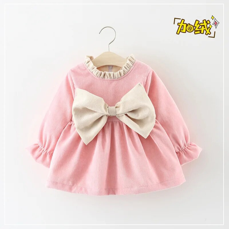 Βρεφικά ρούχα για κορίτσια Παιδικά casual φόρεμα νήπιο μασίφ φιόγκο Φορέματα πριγκίπισσας μακρυμάνικα Βρεφικά ανοιξιάτικα συν βελούδινα ρούχα