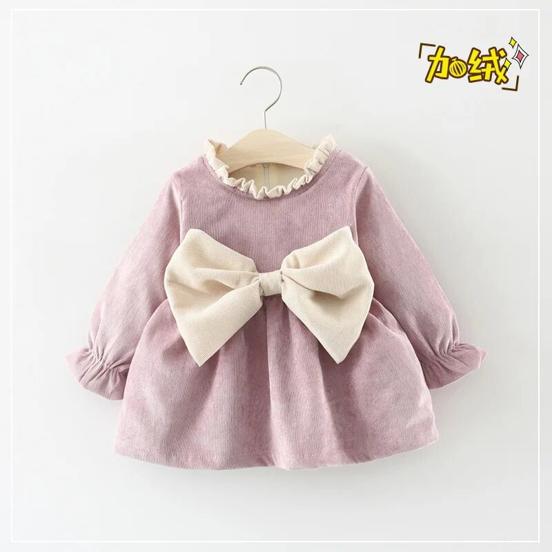 Βρεφικά ρούχα για κορίτσια Παιδικά casual φόρεμα νήπιο μασίφ φιόγκο Φορέματα πριγκίπισσας μακρυμάνικα Βρεφικά ανοιξιάτικα συν βελούδινα ρούχα
